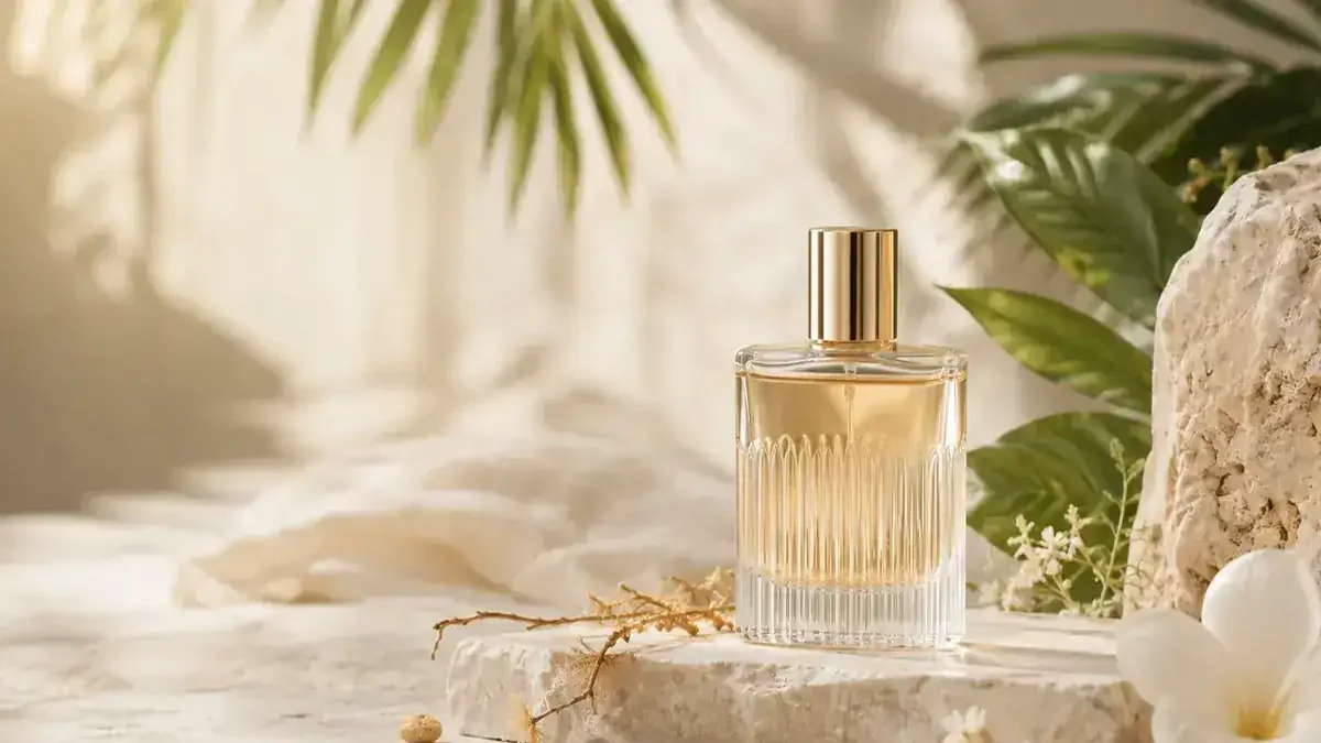 Botol parfum dengan latar botanical dan cahaya alami