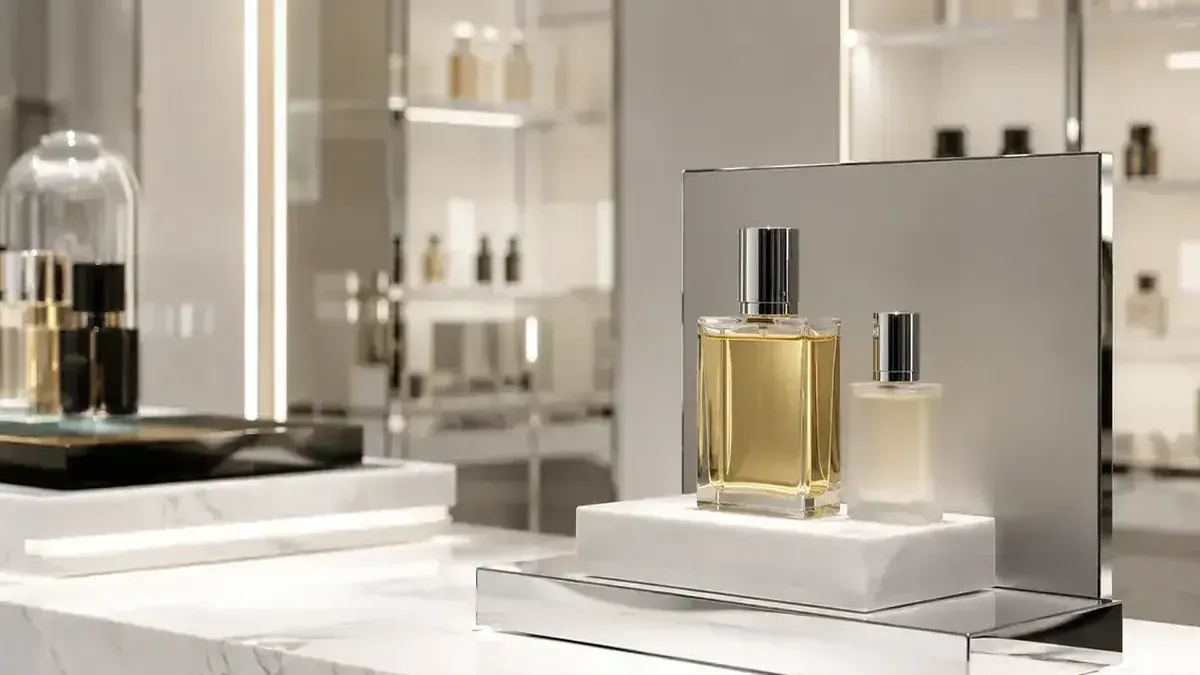 Ilustrasi botol parfum pada display berwarna putih