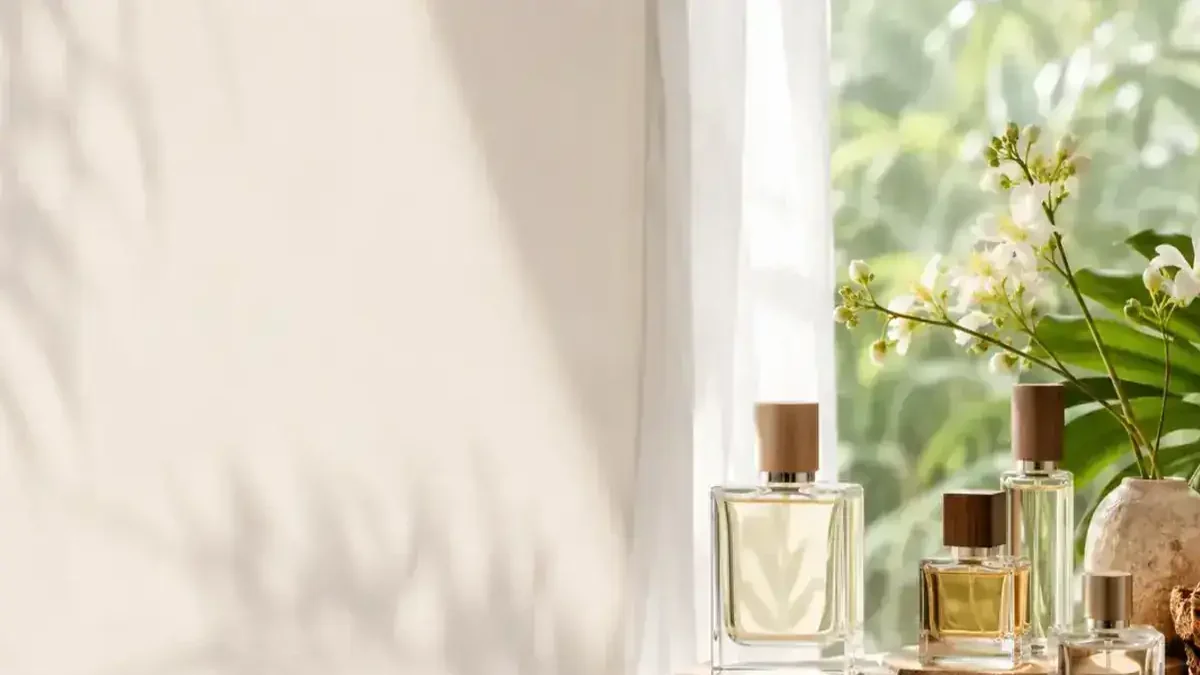 Koleksi parfum dalam nuansa hangat dan hijau