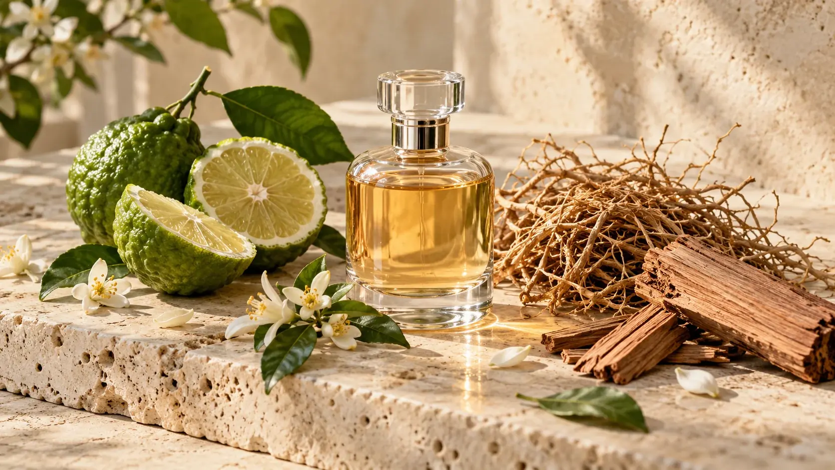 Ilustrasi botol parfum, bergamot, bunga, dan kayu untuk permainan Aroma Atelier