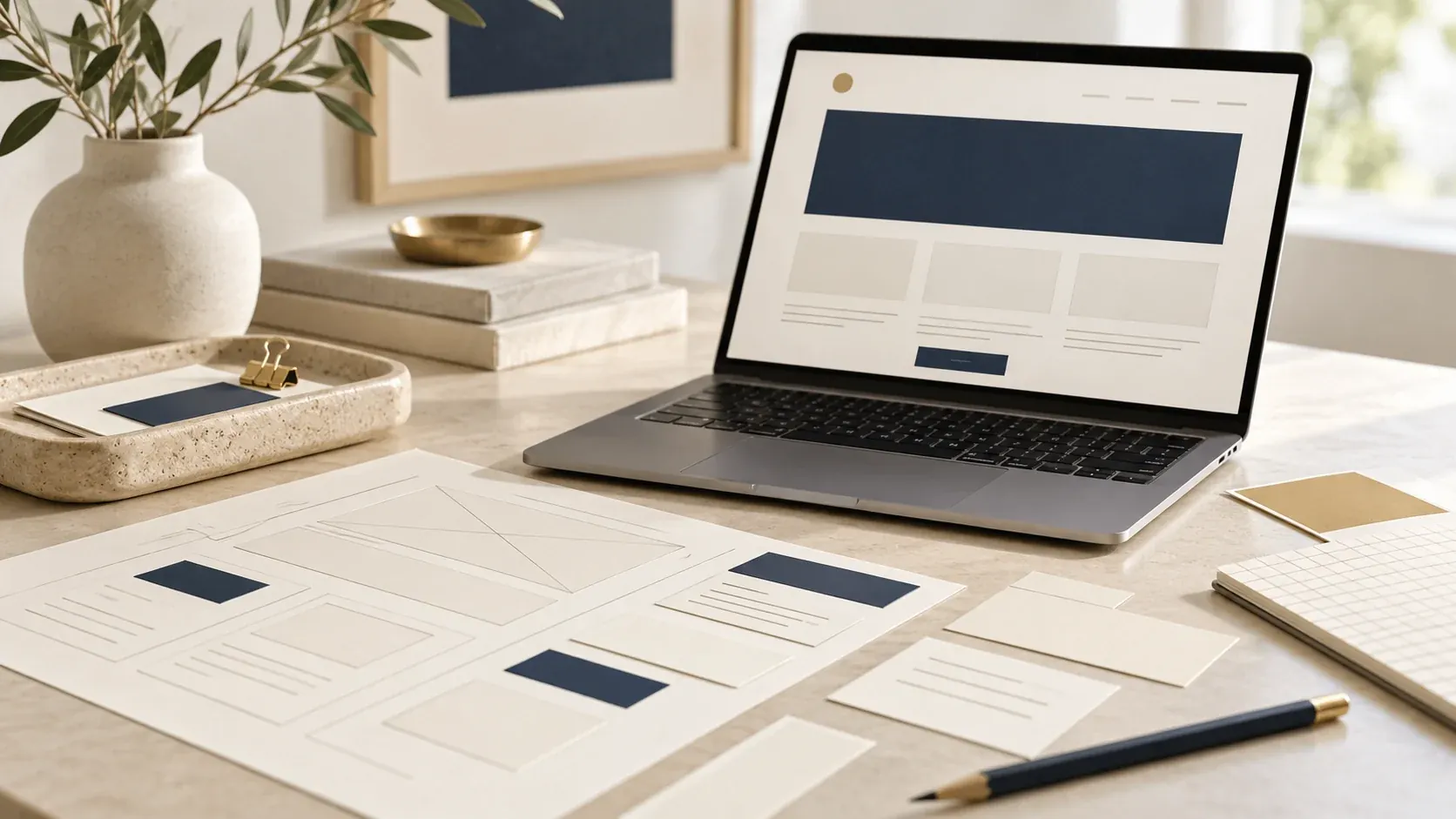 Ilustrasi laptop dan rancangan halaman untuk permainan Brief Builder
