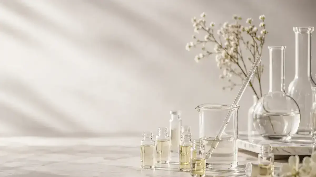 Visual bahan aroma dan botol parfum untuk menyusun preferensi