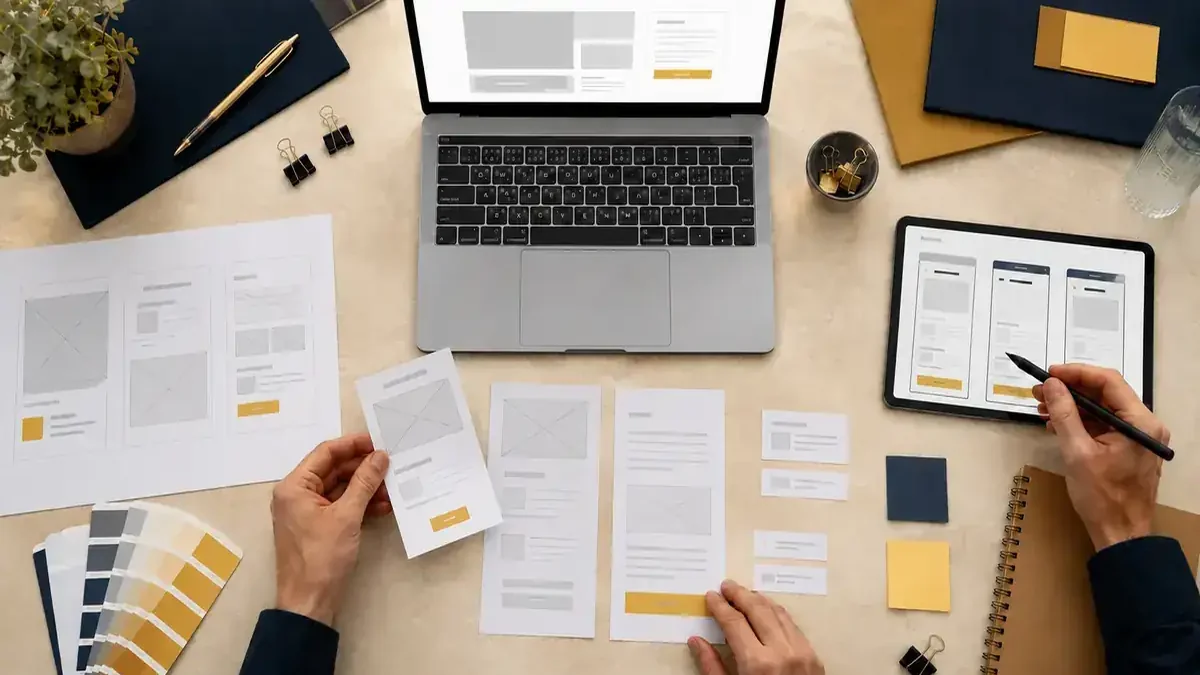 Tim meninjau rancangan halaman website pada perangkat